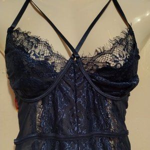 Navy Blue (L) Caged Floral Lace Teddy Lingerie Bodysuit - NWOT